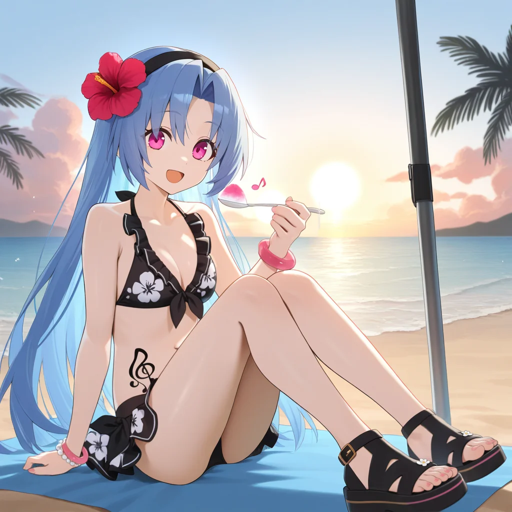 masterpiece, best quality, ultra-detailed, very aesthetic, detailed background, year 2023, very aesthetic, newest, scenery, highres, 4k, absurdres, 8k, colorful,vibrant, glowing, perfect face, 2d, perfect eyes, detailed eyes, 1girl, solo, beach, ocean, outdoors, palm trees, rocks, pebbles, detailed background, day, sun, sky, clouds, sitting on towel, black sandals, crossed feet, bend knees, holding shaved ice, holding spoon, curious smile, open mouth, looking at viewer, full body, under umbrella, angled shot,
blue hair, long hair, pink eyes, 5pbNep, Pb_Swm, pink eyes, musical note tattoo, tattoo, stomach tattoo, hair flower, headband, frilled bikini, black bikini, hibiscus, floral print, bikini skirt, ribbon-trimmed bikini, multiple bracelets, bead bracelet, pink bracelet, halterneck,
masterpiece, best quality, ultra-detailed, very aesthetic, newest, scenery, absurdres, perfect anatomy, perfect legs, perfect face, perfect eyes, clear eyes, beautiful eyes, perfect feet,