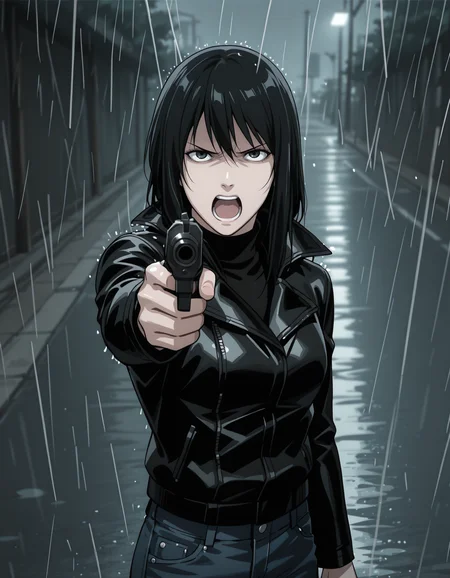 <lora:naomi-illustrious-000020:1> n4om1dn, turtleneck, jacket, jeans
1girl, solo, shouting, (angry:0.6), glaring, looking at viewer, handgun, aiming at viewer, outdoors, rain, night