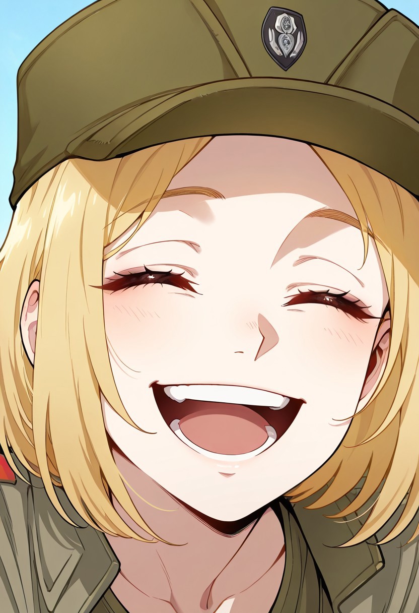 screencap, masterpiece, best quality, (Expressiveh),
1girl, solo female, marichka, blonde hair, short hair, closed eyes, military uniform, military hat, portrait, cute, beautiful, close up up close, close, looking at viewer, happy, smile, open mouth, head forward, laughing,