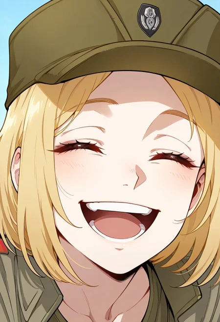screencap, masterpiece, best quality, (Expressiveh),
1girl, solo female, marichka, blonde hair, short hair, closed eyes, military uniform, military hat, portrait, cute, beautiful, close up up close, close, looking at viewer, happy, smile, open mouth, head forward, laughing,