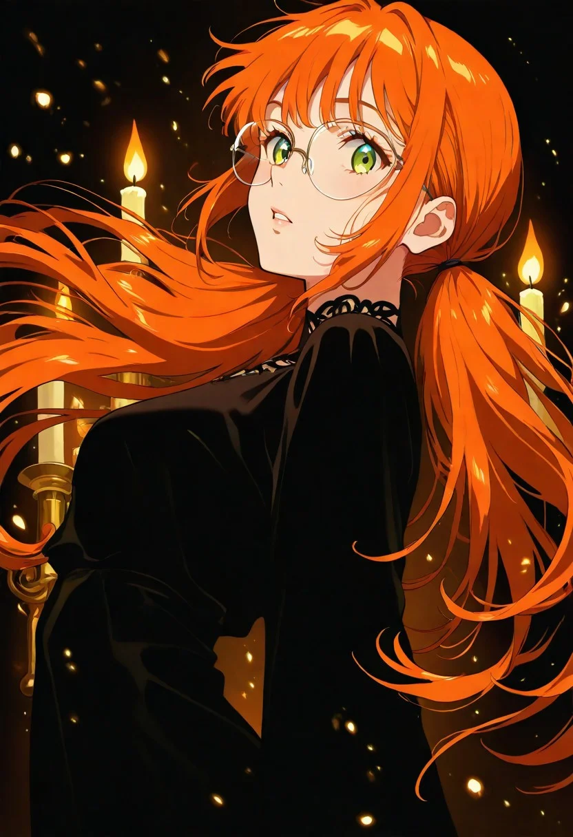 masterpiece, intricate details, best quality, very aesthetic, absurdres, 2000x anime art style, green eyes, glasses, dark orange hair, hair hanging on the cheeks, bangs, low tied-up twintails, black dress, coat, fire sparkles coming from eyes, candles, from side, cowboy shot, close up, parted lips