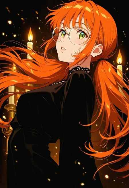 masterpiece, intricate details, best quality, very aesthetic, absurdres, 2000x anime art style, green eyes, glasses, dark orange hair, hair hanging on the cheeks, bangs, low tied-up twintails, black dress, coat, fire sparkles coming from eyes, candles, from side, cowboy shot, close up, parted lips
