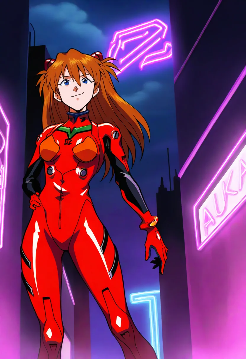 best quality, amazing quality, very aesthetic, absurdres, BREAK
1girl, asuka langley, red plugsuit, standing, smug, looking at viewer, futuristic background, neon light , buildings, night, <lora:RecordofLodossWarNoob_byKonan:1>