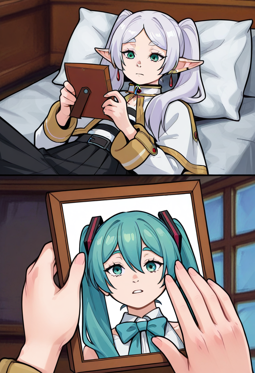 masterpiece, high quality, w0lv3, 2koma, comic, BREAK 1girl, frieren, lying, on back, holding, photo (object), BREAK 1girl, hatsune miku, portrait,