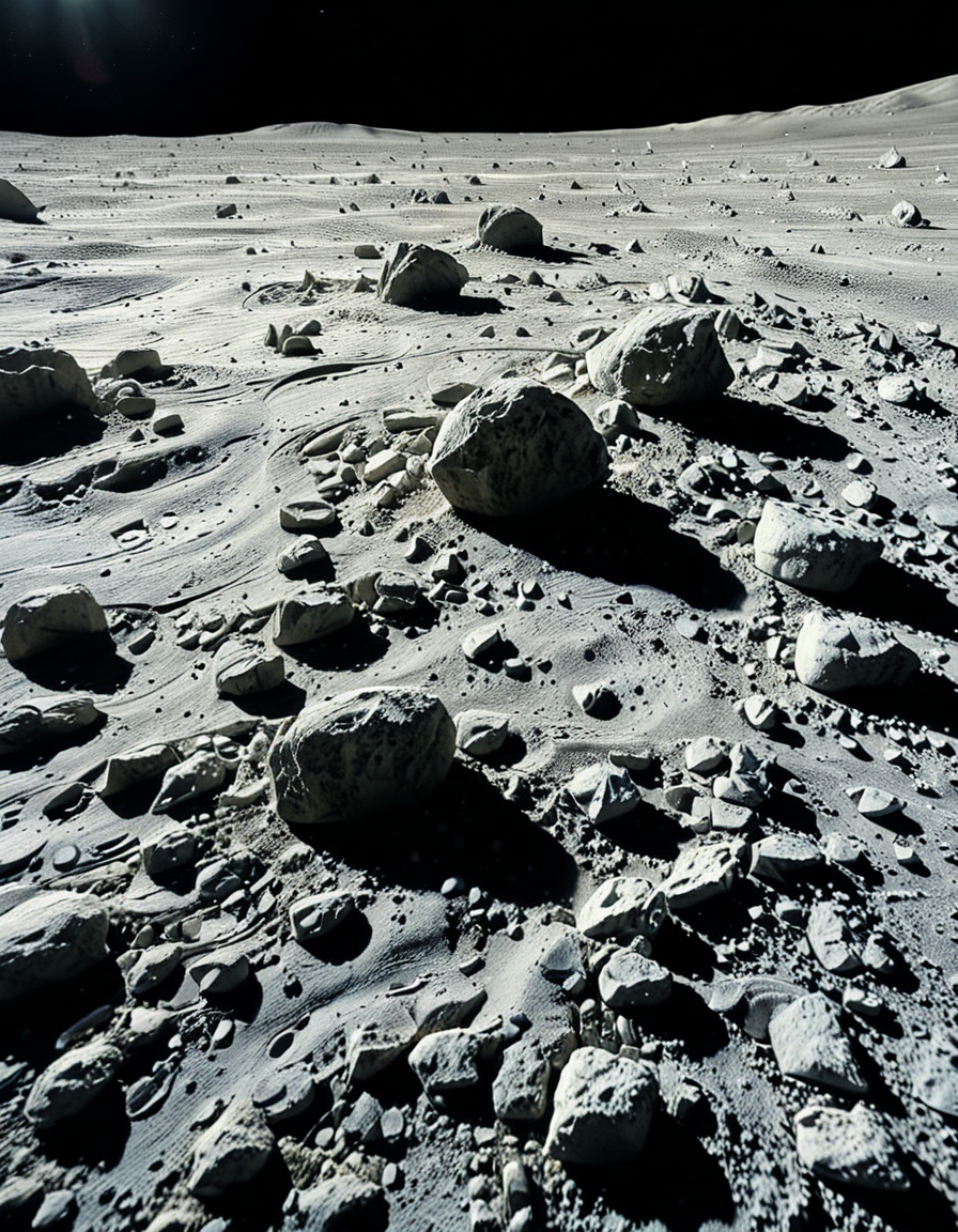 A high-resolution photograph of the Moon's surface, showcasing its rocky, cratered terrain with fine lunar dust. The foreground is dominated by detailed lunar regolith, with small rocks and uneven textures illuminated by the harsh, direct sunlight. Shadows are sharp and deep due to the lack of atmosphere. In the background, Earth appears as a vibrant blue and white sphere, partially illuminated, contrasting against the blackness of space. The composition is balanced, with Earth positioned slightly off-center to create a sense of depth and scale. The lighting is natural, with the Sun casting a bright glow on the lunar surface while leaving some areas in darkness, emphasizing the stark and desolate beauty of the Moon.
<lora:SDXLFaeTastic2400:0.4> <lora:extremely_detailed:0.4> extremely detailed, <lora:moon_surf4c3_v2:1>,moon surf4c3, Masterpiece,best quality,hi res,8k,hi res,8k,award winning,(sharp focus, intricate, highly detailed),