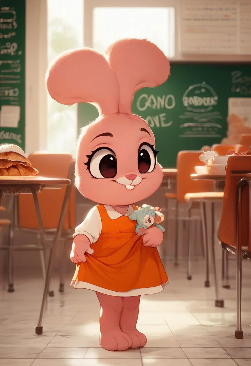score_9, score_8_up, score_7_up, score_6_up, BREAK rating_safe, , anais_watterson, female, furry, anthro, 1girl, furry female, solo, clothing, dress, (detailed background: School cafeteria), orange dress, clothed, stuffed animal, full body, lift dress, standing, holding, buck teeth, Expressiveh, extremely_bright, cute, cub
