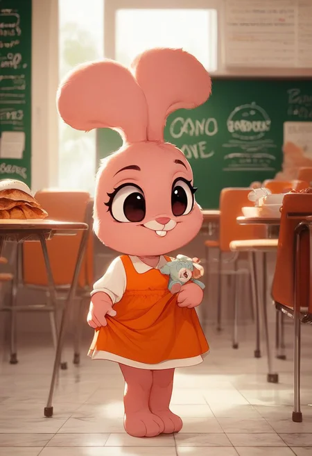 score_9, score_8_up, score_7_up, score_6_up, BREAK rating_safe, , anais_watterson, female, furry, anthro, 1girl, furry female, solo, clothing, dress, (detailed background: School cafeteria), orange dress, clothed, stuffed animal, full body, lift dress, standing, holding, buck teeth, Expressiveh, extremely_bright, cute, cub