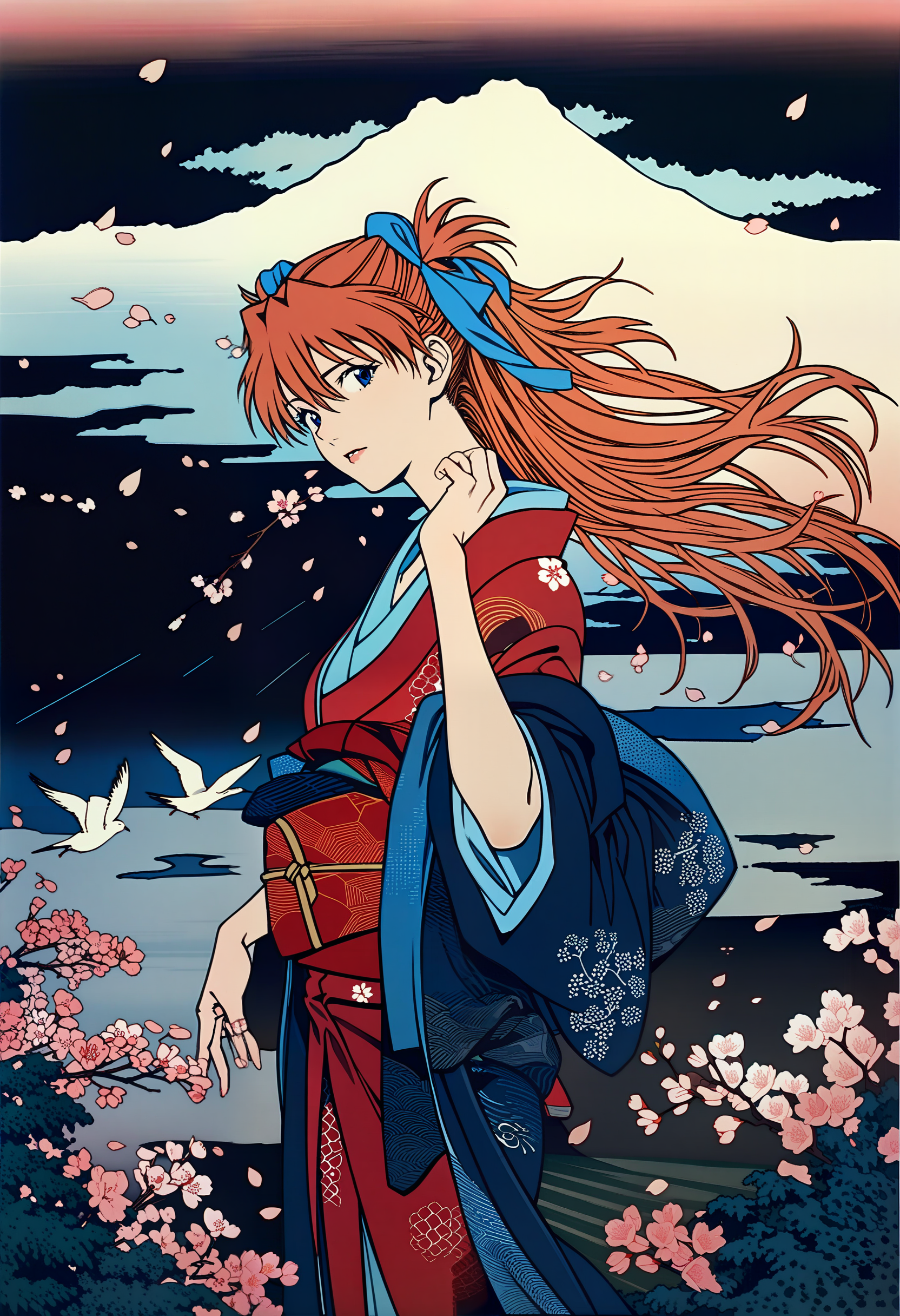 scenery, cherry blossoms  in a dark storm, light and shadow, cherry petals flying in the air, wind and rain, sea, small waterfall, cloud, birds,
1girl, souryuu asuka langley, neon genesis evangelion, rebuild of evangelion, aged up, mature, Japanese kimono, looking at viewer, 
dynamic angle, close-up shot, woodcuts, highly detailed, KHsty-XL, <lora:KHsty-XL-v3-AN:0.7>,
masterpiece, best quality, very aesthetic, absurdres,