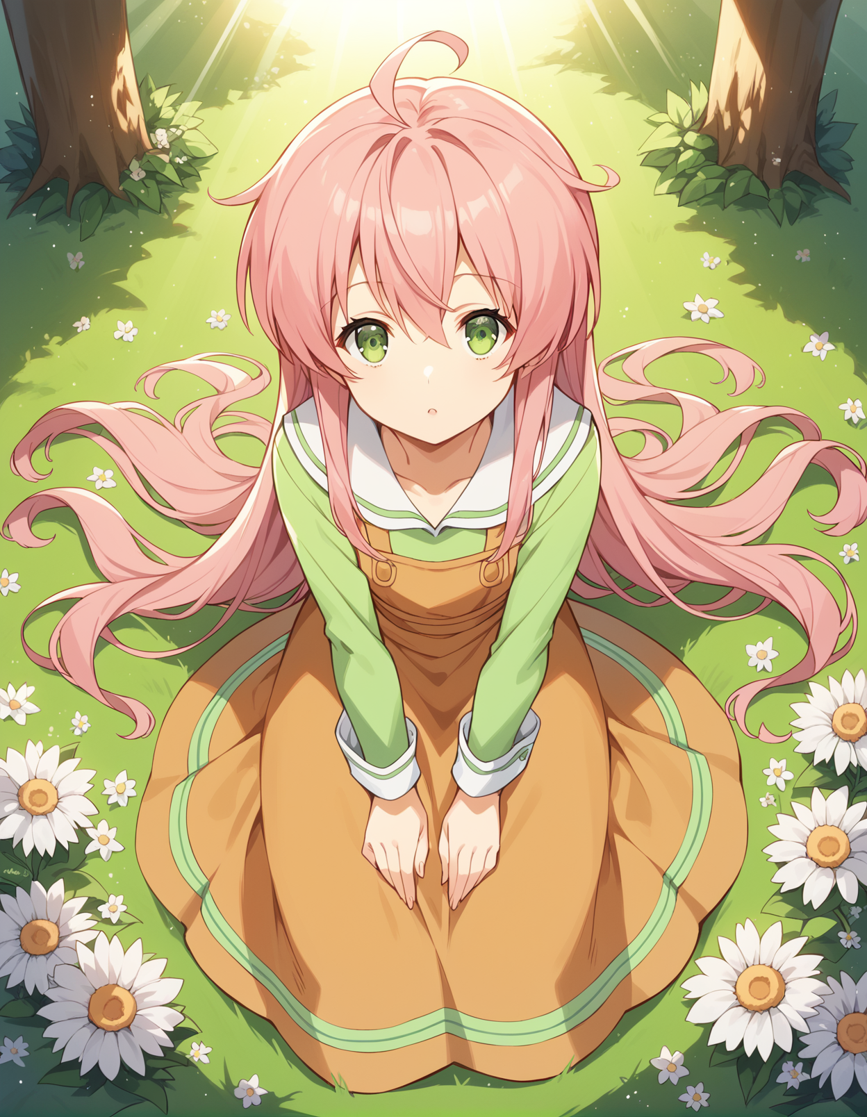 score_9, score_8_up, score_7_up, source_anime, rating_safe, BREAK <lora:watashi_XL-Pony_LoRA-C3Lier_16-16-8-8_AdamW_Un3e-4_Te1.5e-4_10batch:1>, watashi \(jintai\), 1girl, pink hair, long hair, very long hair, ahoge, green eyes, green shirt, long sleeves, brown dress, long dress, long skirt, pocket, sitting, from above, looking at viewer, facing viewer, facing up, light particles, light rays, flower, grass, sunlight