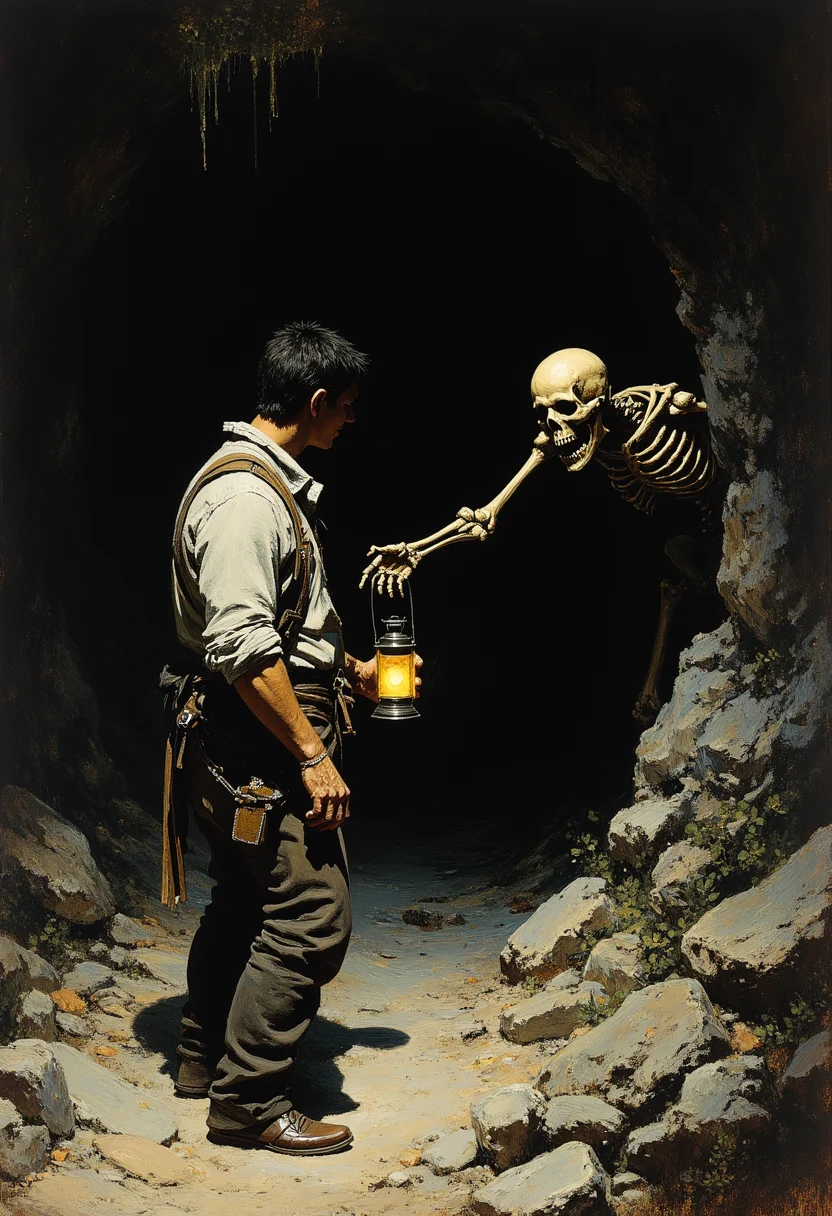 ThePaintedRealm. This is a dark, moody, and dramatic oil painting by artist Frank Frazetta, titled "The Horror in the Cave." The scene depicts a dramatic, suspenseful encounter. A rugged, muscular man with a rugged face and short, dark hair stands to the left, dressed in tattered, earth-toned clothing, including a rough, white shirt and dark pants, with a worn leather belt and a small lantern slung over his shoulder. He is holding a lantern that casts a faint, eerie glow illuminating his face and the surrounding area, highlighting the stark contrast between light and shadow. To the right, a skeletal figure, with a glowing skull and hollow eye sockets, reaches out from a dark, rocky cave entrance, its skeletal fingers extended towards the man. The skeleton's ribcage is visible, enhancing its skeletal appearance, and it holds a lantern similar to the man's, which is glowing with a soft, ethereal light.
