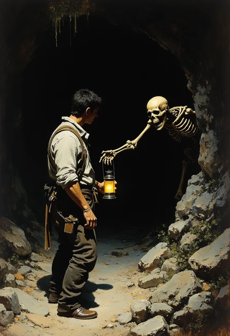 ThePaintedRealm. This is a dark, moody, and dramatic oil painting by artist Frank Frazetta, titled "The Horror in the Cave." The scene depicts a dramatic, suspenseful encounter. A rugged, muscular man with a rugged face and short, dark hair stands to the left, dressed in tattered, earth-toned clothing, including a rough, white shirt and dark pants, with a worn leather belt and a small lantern slung over his shoulder. He is holding a lantern that casts a faint, eerie glow illuminating his face and the surrounding area, highlighting the stark contrast between light and shadow. To the right, a skeletal figure, with a glowing skull and hollow eye sockets, reaches out from a dark, rocky cave entrance, its skeletal fingers extended towards the man. The skeleton's ribcage is visible, enhancing its skeletal appearance, and it holds a lantern similar to the man's, which is glowing with a soft, ethereal light.