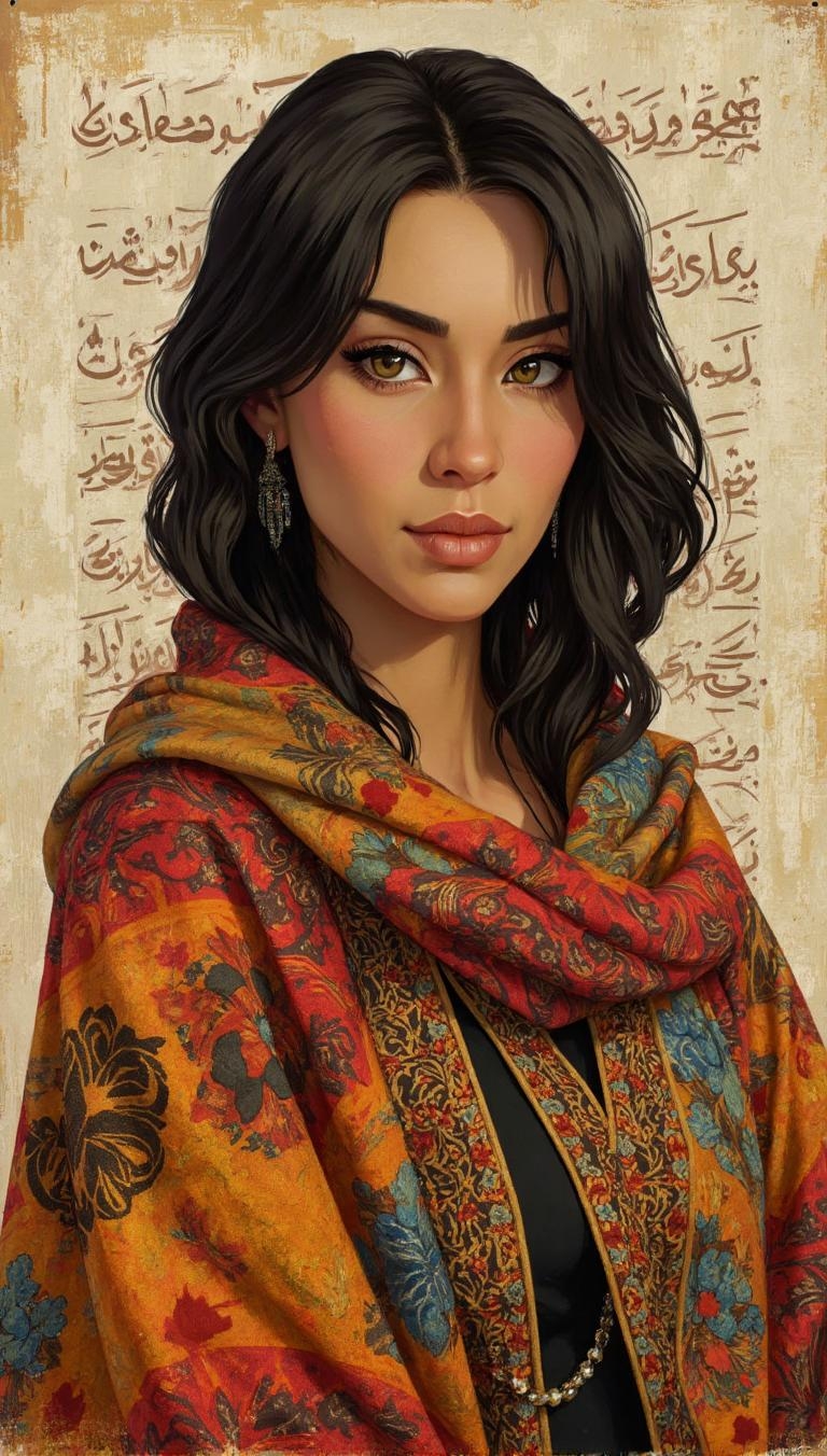 <lora:ck-LttleGhost-000011.safetensors:1> in the style of ck-lttlegh0stThe portrait is of a 25-30 year old woman with an olive complexion and dark hair. Her eyes are pools of wisdom, drawing you in with intensity. She wears a vibrant, intricately patterned garment that appears to be a traditional Middle Eastern or North African attire. The background is a pale, weathered canvas adorned with faded Arabic script. The overall effect is one of profound emotional resonance, as if the artist has distilled the essence of human resilience into this single image.