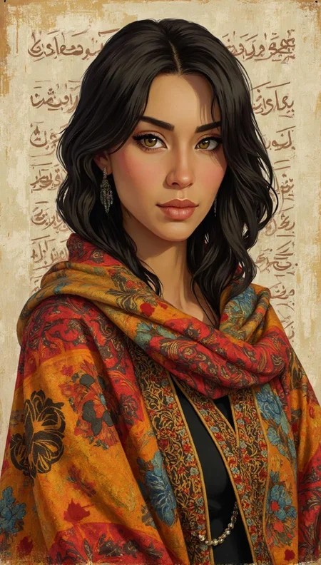 <lora:ck-LttleGhost-000011.safetensors:1> in the style of ck-lttlegh0stThe portrait is of a 25-30 year old woman with an olive complexion and dark hair. Her eyes are pools of wisdom, drawing you in with intensity. She wears a vibrant, intricately patterned garment that appears to be a traditional Middle Eastern or North African attire. The background is a pale, weathered canvas adorned with faded Arabic script. The overall effect is one of profound emotional resonance, as if the artist has distilled the essence of human resilience into this single image.