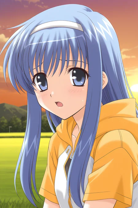 masterpiece, best quality, absurdres, official art, official style, rating general BREAK <lora:takayashikimatsuri_IL_v1-1:0.7>, takayashiki matsuri, 1girl, solo, blue eyes, blue hair, long hair, sidelocks, white hairband, casual, white hoodie, yellow sleeves, yellow hood, hood down, short sleeves, raglan sleeves, outdoors, grass, sunset, cloud, sky, upper body, portrait, scenery, upskirt, field, cloudy sky, twilight, evening, blurry, orange sky,
bashful, blush, frown, looking at viewer, open mouth
