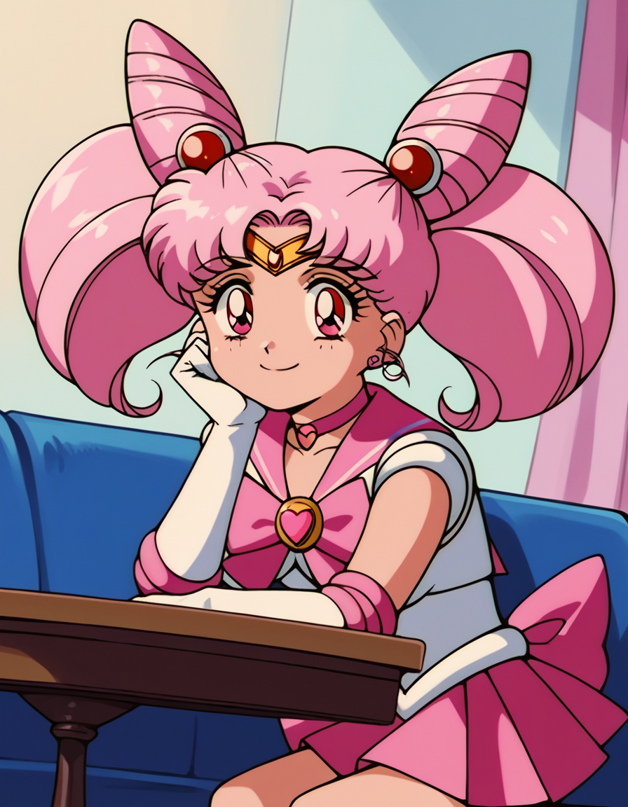 score_9, score_8_up, score_7_up, source_anime, <lora:chibiusa-tsukino-s3-ponyxl-lora-nochekaiser:1>, chibiusa, cone hair bun, double bun, hair bun, hair ornament, pink eyes, pink hair, short hair, twintails, circlet, parted bangs,, bow, brooch, choker, earrings, elbow gloves, gloves, heart, heart brooch, magical girl, pink bow, pink choker, pink sailor collar, pink skirt, pleated skirt, sailor collar, sailor senshi uniform, skirt, stud earrings, white gloves,, indoors, smile, looking at viewer, solo, sitting, head rest, table,, cowboy shot, dutch angle