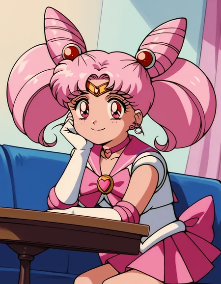 score_9, score_8_up, score_7_up, source_anime, <lora:chibiusa-tsukino-s3-ponyxl-lora-nochekaiser:1>, chibiusa, cone hair bun, double bun, hair bun, hair ornament, pink eyes, pink hair, short hair, twintails, circlet, parted bangs,, bow, brooch, choker, earrings, elbow gloves, gloves, heart, heart brooch, magical girl, pink bow, pink choker, pink sailor collar, pink skirt, pleated skirt, sailor collar, sailor senshi uniform, skirt, stud earrings, white gloves,, indoors, smile, looking at viewer, solo, sitting, head rest, table,, cowboy shot, dutch angle