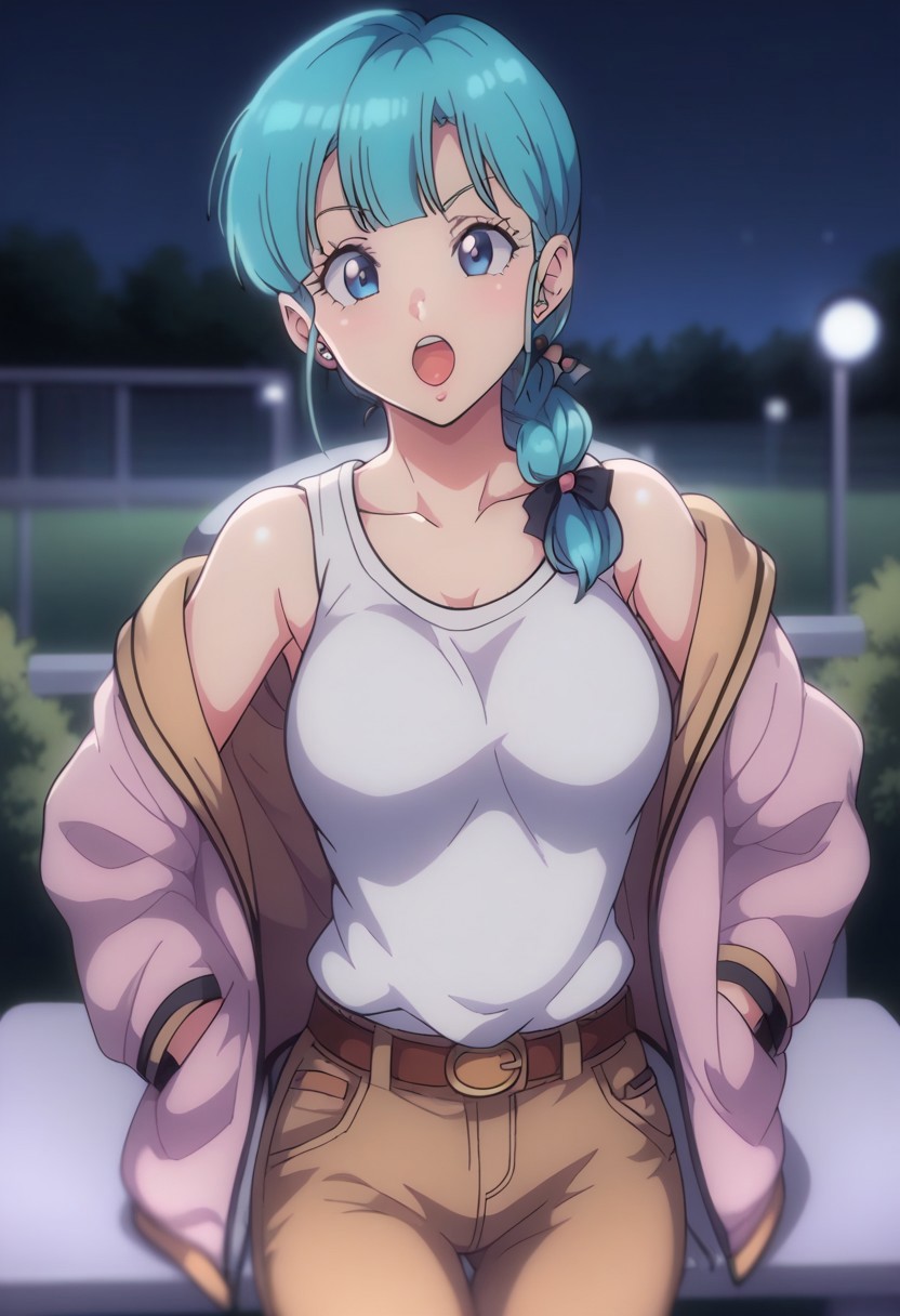 score_9,score_8_up,score_7_up,score_6_up,blurry, blurry background,bulma \(dragonball\), 1girl,bulma,bulma from dragon ball, solo, long hair, open mouth, blue eyes, ribbon, aqua hair, hair ribbon, braid, boots, belt, pants, single braid, tank top, braided ponytail, white topwear, brown pants, brown footwear, jacket removed, girl standing,table, chair, raised eyebrows, looking at viewer, medium breasts, collarbone, eyebrows, eyelashes, arms by side,cowboy shot, dutch angle,(dark,night,no lights,lights off:1.3)