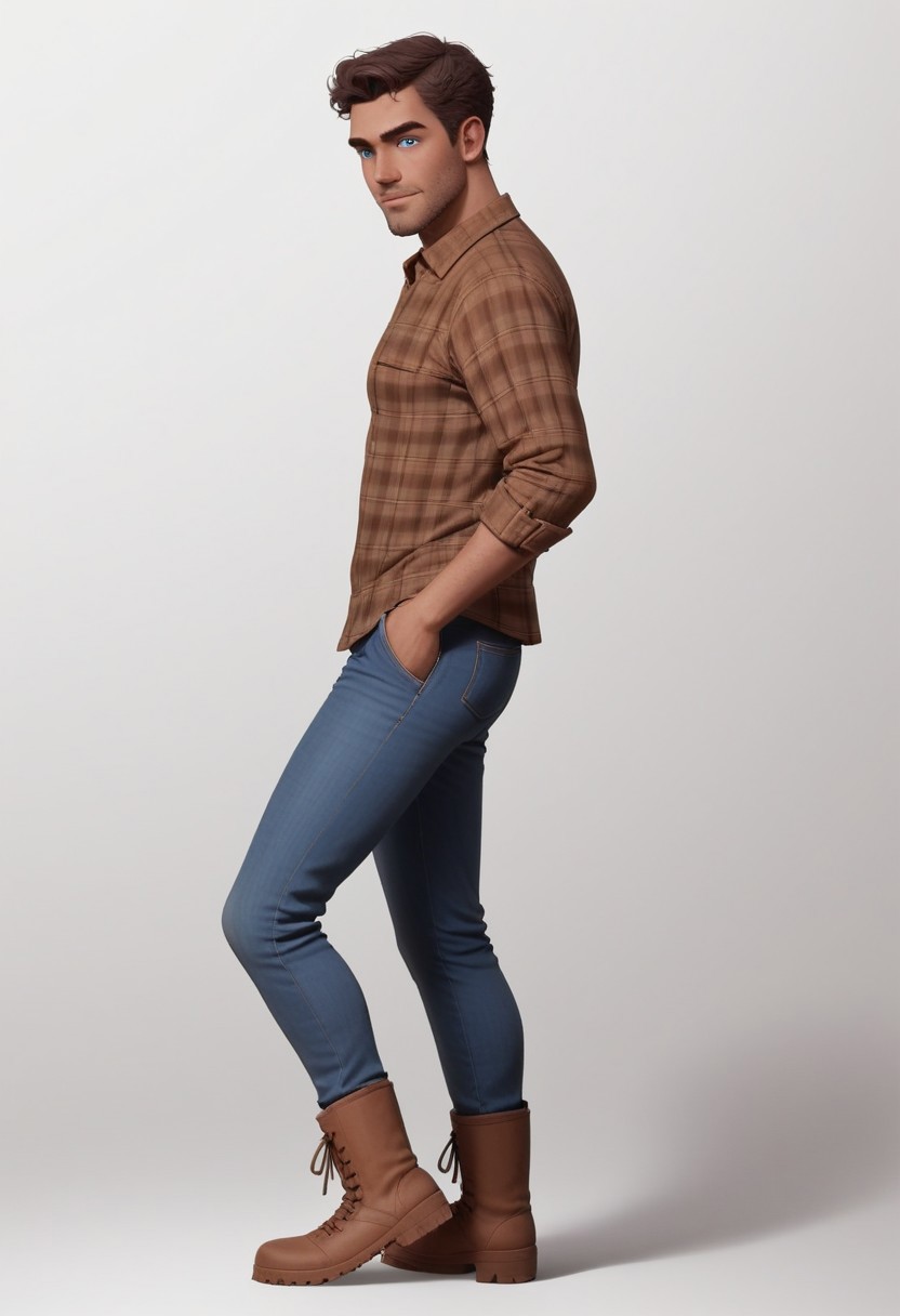 Arabian 25yo Naveen, 1boy, medium dark brown skin, slender manly body, combed medium brown hair, light blue eyes, facial expression loving, subtle beard stubble, plaid shirt, dark jeans, standing pose, leaning side view, hiking boots