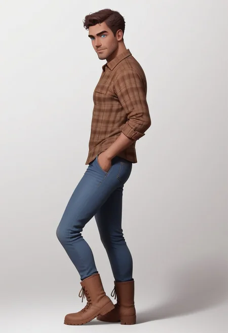 Arabian 25yo Naveen, 1boy, medium dark brown skin, slender manly body, combed medium brown hair, light blue eyes, facial expression loving, subtle beard stubble, plaid shirt, dark jeans, standing pose, leaning side view, hiking boots
