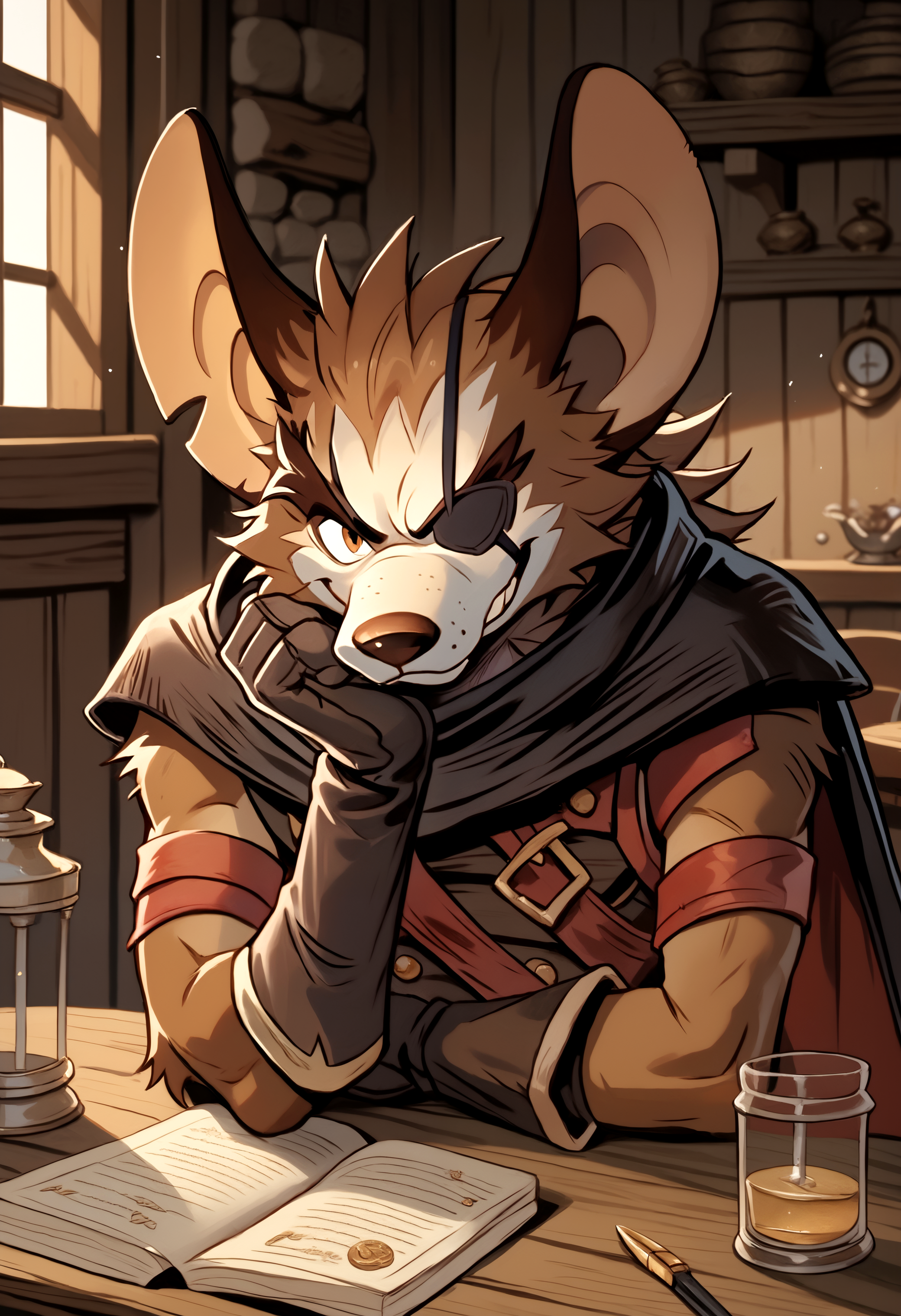 score_9, score_8_up, score_7_up,8k, detailed design, detailed background, detailed characters, masterpiece, anthro only, furry only, 1boy, solo,  <lora:VurkAFK_Arena-000001>, vurk, rat boy, furry male, brown fur, eyepatch, gold tooth, cape, armband, gloves, sitting, resting, rest,  inside, inn, wooden house, table,
