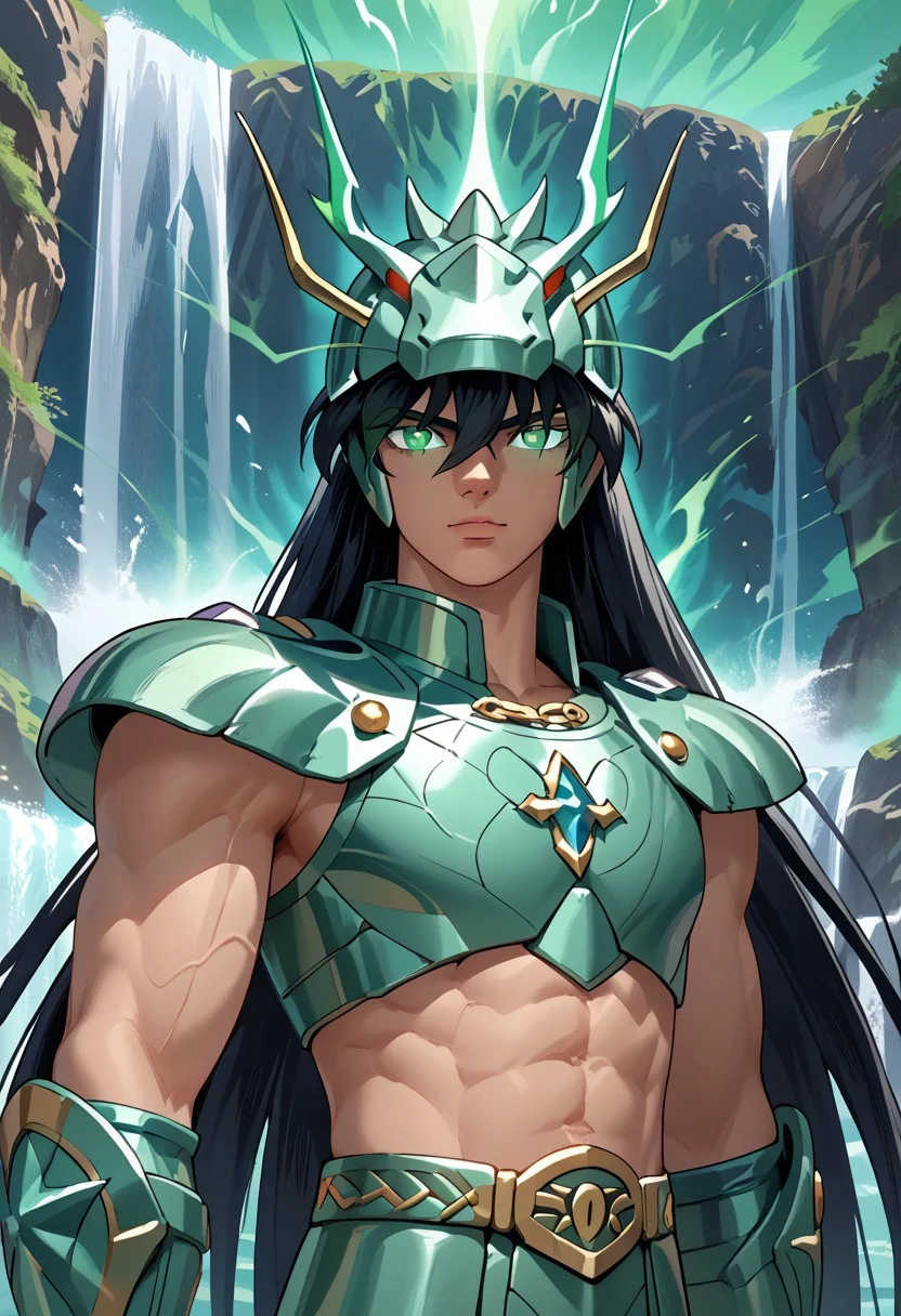 score_9, score_8_up, score_8, score_9, masterpiece, portrait, upper body focus, close shot, ultra high quality, hd render, male focus, Shiryu, young twink, very long hair, black hair, long bangs, hair over eyes, green eyes, glowing eyes, light skin, chinese boy, handsome boy,
green armor, helmet, dragon helmet, pauldrons, shoulder pads, vambraces, gauntlets, gloves, fingerless gloves, chest plate, green aura, body aura, aura glowing,
narrow features, standing, front side view, dynamic pose, dynamic shot, dynamic angle, looking at viewer, waterfall background, hd render, high quality,