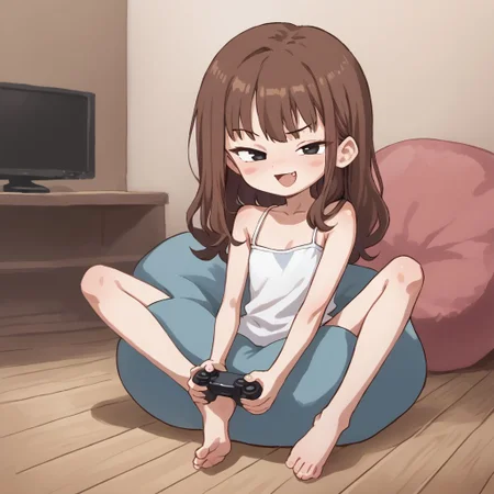 score_9, score_8_up, rating_questionable, flat colors, orenji, 1girl, [white|cyan|white] camisole, sleeveless dress, collarbone, full body, medium hair, long hair, cat smile, [blunt:4] bangs, blush, [brown|grey] hair,
raised eyebrow, solo, smug , open mouth, (fang:0.6), black eyes, half-closed eyes, [white skin, white body::6], sitting, beanbag, barefoot, playing games, playstation controller, ears, wooden floor [child, screenshot, holding:3]
