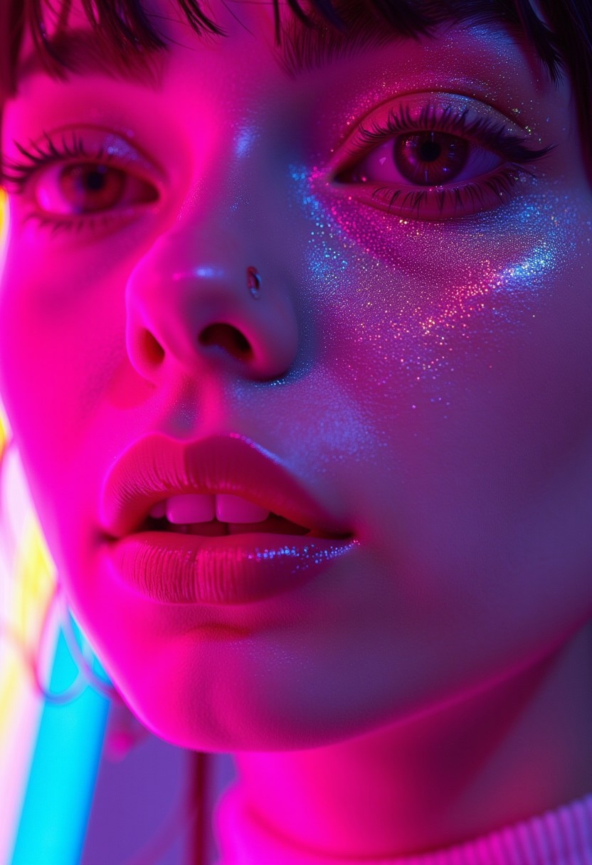 This is a vibrant, high-fashion photograph featuring a close-up of a woman's face, bathed in a kaleidoscope of neon lights. The image is dominated by a striking, dramatic color scheme with pink, blue, and yellow hues creating a mesmerizing, almost holographic effect. The woman's face is illuminated with these vibrant colors, creating dramatic shadows and highlights on her skin.