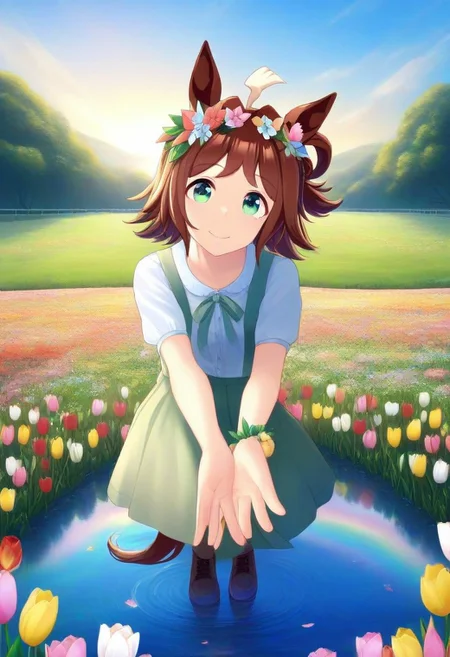 Tulip flower hair_ornament, (umamusume, rhein_kraft_(umamusume), horse_ears, horse_girl, tail, 1girl, ahoge, animal_ears,)
casual, field, flower, flower_field, green_eyes, hair_between_eyes,
head_wreath, looking_at_viewer, solo, aesthetic, absurdres, symmetric ,spiralling vortex made of multicoloured tulips, lush foliage sunrise, ripples, reflective, jaynl-tm, rainbow, , g0ldsw0rthy,
(realistic, photo, artistic, medium_hair, one_eye_closed, petals, relaxing, smile, : 0.7)