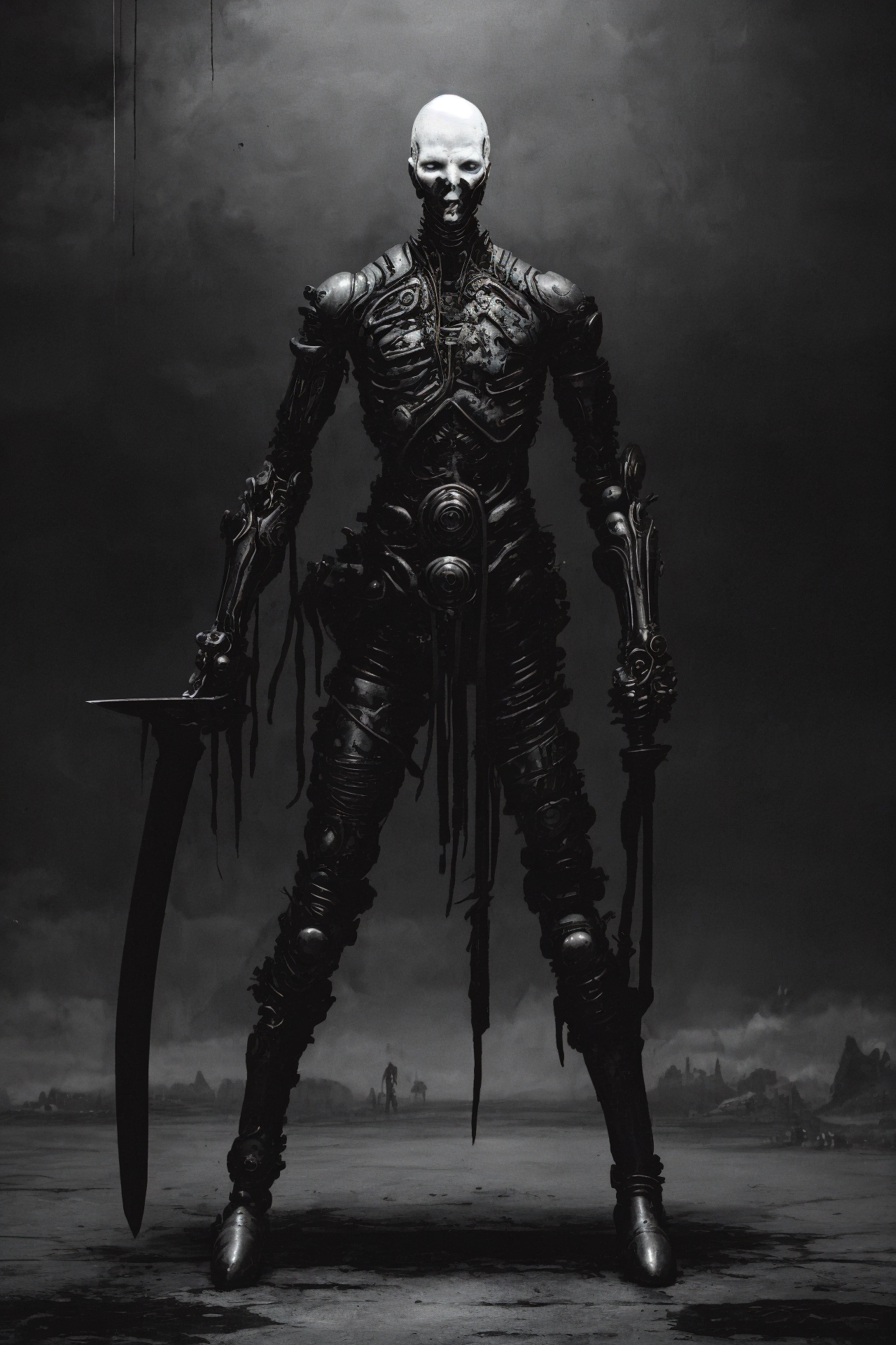 (humanoid with a white synthetic skin face full of cybernetic implants), (black leather futuristic cybernetic suit:1.8), (sword fighting pose, swinging long katana:1.7), (thick dark leather coat with neck cover:1.3), (cross tattoo only on forehead:1.3), 1guy, blue sky, cloud, collarbone (looking at viewer and smiling:1.2), (white reflective eyes:1.1), sky, solo, upper body, ((masterpiece)), (smirk512:1.3), (synth goth cyber armor with metal plates:1.3), (thick stretched neck guard made out of body pipes:1.2), <lora:epiNoiseoffset_v2:1>, (masterpiece), (best quality), (high resolution), hyper detailed, detailed_background, cables, dim light, vast, space age architecture, communism architecture, Bauhaus, (dimly lit pale eyes:1.4), (tattoos:1.8)
OrganicBiomArt, <lora:bodhor:0.4> <lora:Blame!:1>
((environment falling apart)), (catastrophic failure), (action shot:1.6), (dark photo:1.11), (hyper realistic:1,11), (high contrast:1.22), (detailed skin texture:1.33), (blush:0.6), (goosebumps:0.5), subsurface scattering,, intriguing, fascinating, captivating, innovative, unconventional, peculiar, mysterious, advanced, cutting-edge, unique, otherworldly, mind-bending, thought-provoking, surreal, enigmatic, awe-inspiring, futuristic, striking, bizarre, extraordinary, unconventional, intriguing, alluring, captivating, imaginative, impressive, complex, intricate, fascinating.