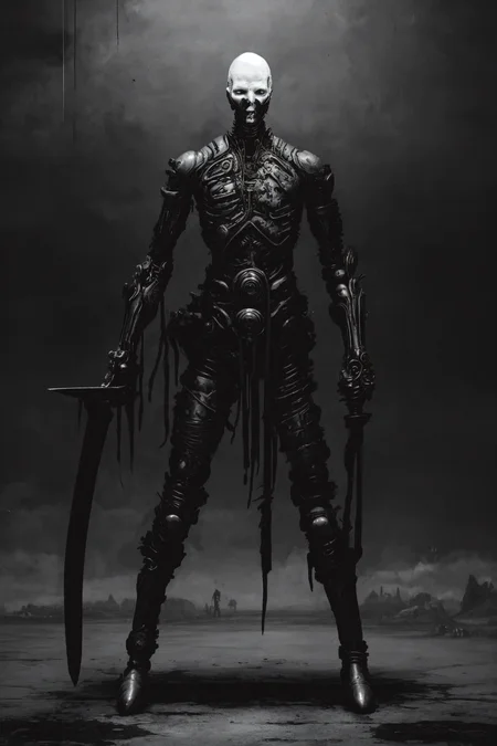 (humanoid with a white synthetic skin face full of cybernetic implants), (black leather futuristic cybernetic suit:1.8), (sword fighting pose, swinging long katana:1.7), (thick dark leather coat with neck cover:1.3), (cross tattoo only on forehead:1.3), 1guy, blue sky, cloud, collarbone (looking at viewer and smiling:1.2), (white reflective eyes:1.1), sky, solo, upper body, ((masterpiece)), (smirk512:1.3), (synth goth cyber armor with metal plates:1.3), (thick stretched neck guard made out of body pipes:1.2), <lora:epiNoiseoffset_v2:1>, (masterpiece), (best quality), (high resolution), hyper detailed, detailed_background, cables, dim light, vast, space age architecture, communism architecture, Bauhaus, (dimly lit pale eyes:1.4), (tattoos:1.8)
OrganicBiomArt, <lora:bodhor:0.4> <lora:Blame!:1>
((environment falling apart)), (catastrophic failure), (action shot:1.6), (dark photo:1.11), (hyper realistic:1,11), (high contrast:1.22), (detailed skin texture:1.33), (blush:0.6), (goosebumps:0.5), subsurface scattering,, intriguing, fascinating, captivating, innovative, unconventional, peculiar, mysterious, advanced, cutting-edge, unique, otherworldly, mind-bending, thought-provoking, surreal, enigmatic, awe-inspiring, futuristic, striking, bizarre, extraordinary, unconventional, intriguing, alluring, captivating, imaginative, impressive, complex, intricate, fascinating.