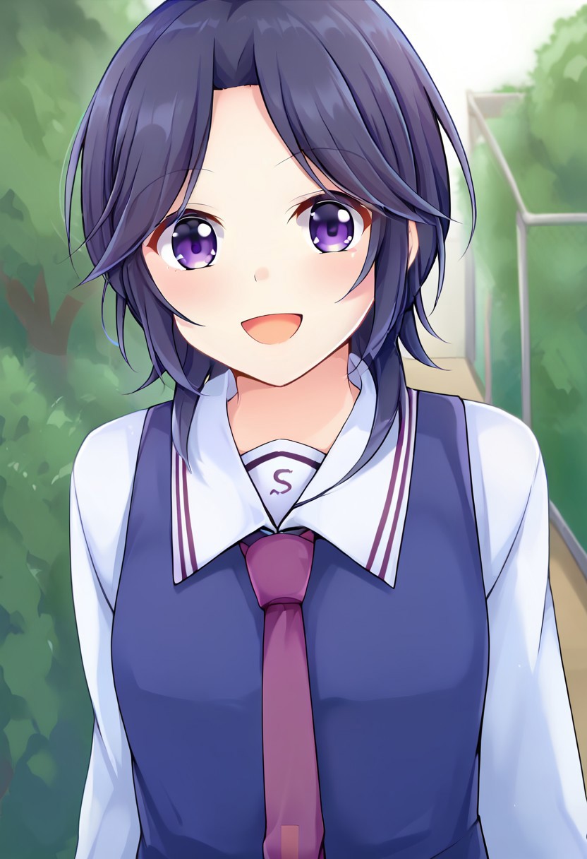 score_9, score_8, score_7, source_anime, hida shouko, 1girl, solo, looking at viewer, school uniform, smile, blush, open mouth, necktie, shirt
