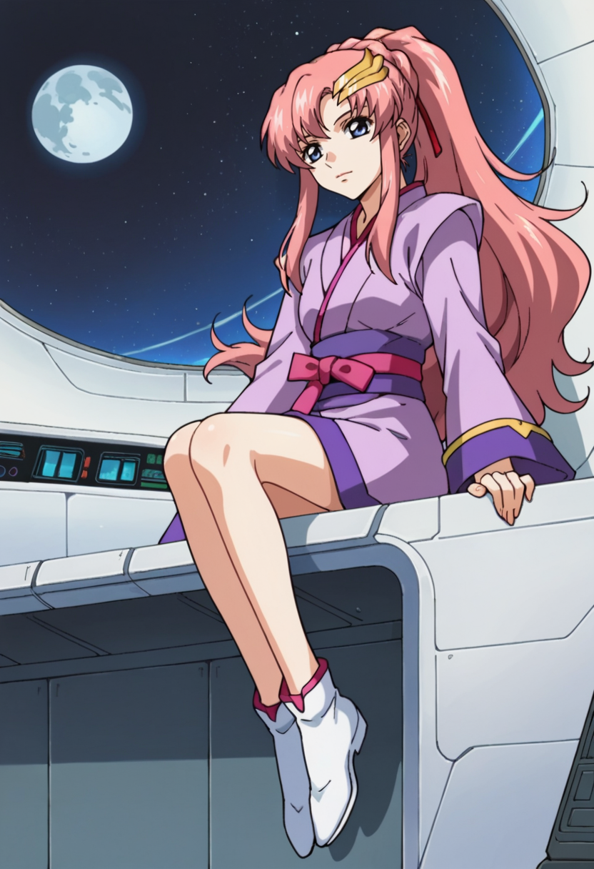 score_9,score_8_up,score_7_up,score_6_up,score_5_up,score_4_up,anime coloring,source_anime,anime,<lora:Lacus_Meer_Gundam_SEED_Pony:0.8>,lacusmeer,1girl,solo,blue eyes,pink hair,long hair,ponytail,sidelocks,moon hair ornament,s1 short kimono,white shoes,sitting,spacecraft,looking at viewer,