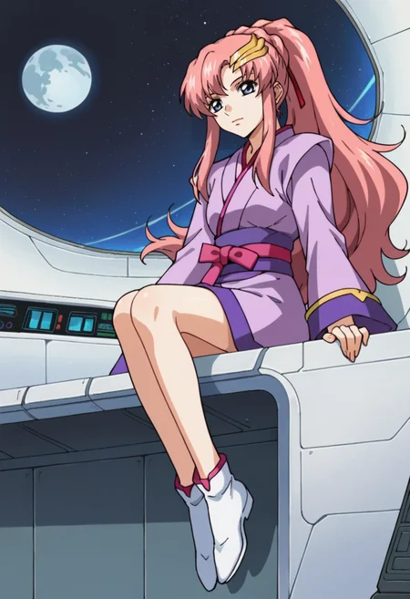 score_9,score_8_up,score_7_up,score_6_up,score_5_up,score_4_up,anime coloring,source_anime,anime,<lora:Lacus_Meer_Gundam_SEED_Pony:0.8>,lacusmeer,1girl,solo,blue eyes,pink hair,long hair,ponytail,sidelocks,moon hair ornament,s1 short kimono,white shoes,sitting,spacecraft,looking at viewer,