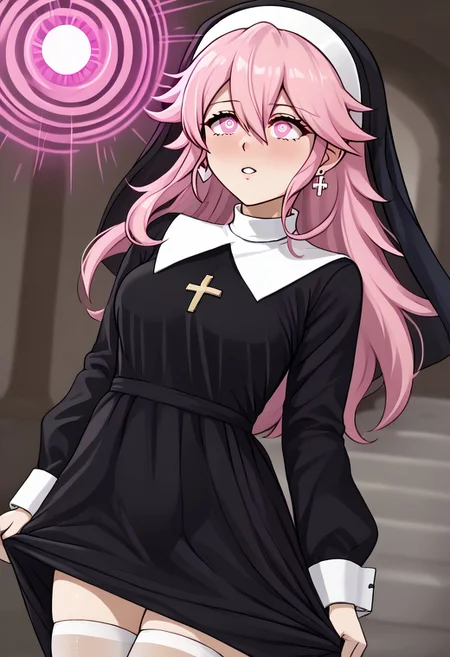 Soleil hypnotized to dress as nun,
score_9, anime, lewd, 1girl, smooth,
mind control, hypnotized, mind control earrings, glowing earrings,
nun, thighhighs, cleavage, long sleeves, black dress, (bouncing breasts), solo, pulling shirt down, undressing, flashing breasts,
feSlil, pink hair, long hair, hair between eyes, pink eyes