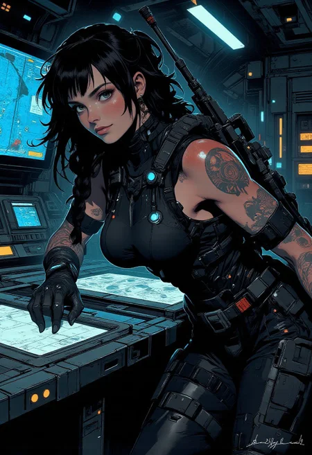 In the style of ff-td, nistyle, Silhouette Art, magnificent, inksplash, crisp lines, closeup portrait of stunning sci-fi space marine, flight deck, spaceship control room, beautiful girl, breasts, curvy, looking at viewer, holographic displays, leaning against table, sniper rifle on back, smirk, holographic map table, dark braided hair, backwards hat, spartan armor, halo game, black armor, blue highlights on armor, chest armor, sci-fi armor, sleeveless, arm sleeve tattoos, muscle tone, dogtags, armored legs, sweaty, directional lighting, dark background, blue lights, foreshortening, depth of field,
Closeup, detailed face, freckles,