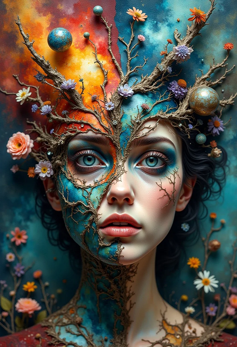 Create an abstract, strange, and mysterious image of a woman. The image should be mosaic shattered into two contrasting halves, each telling a different part of her enigmatic story. One half should be colorful and stone, filled with intricate, detailed patterns that evoke a sense of mystery and depth. The other half should be lighter, with surreal, artistic elements that hint at her hidden secrets and inner world. The overall composition should be detailed and artistic, blending the two halves seamlessly to create a captivating and thought-provoking piece of art