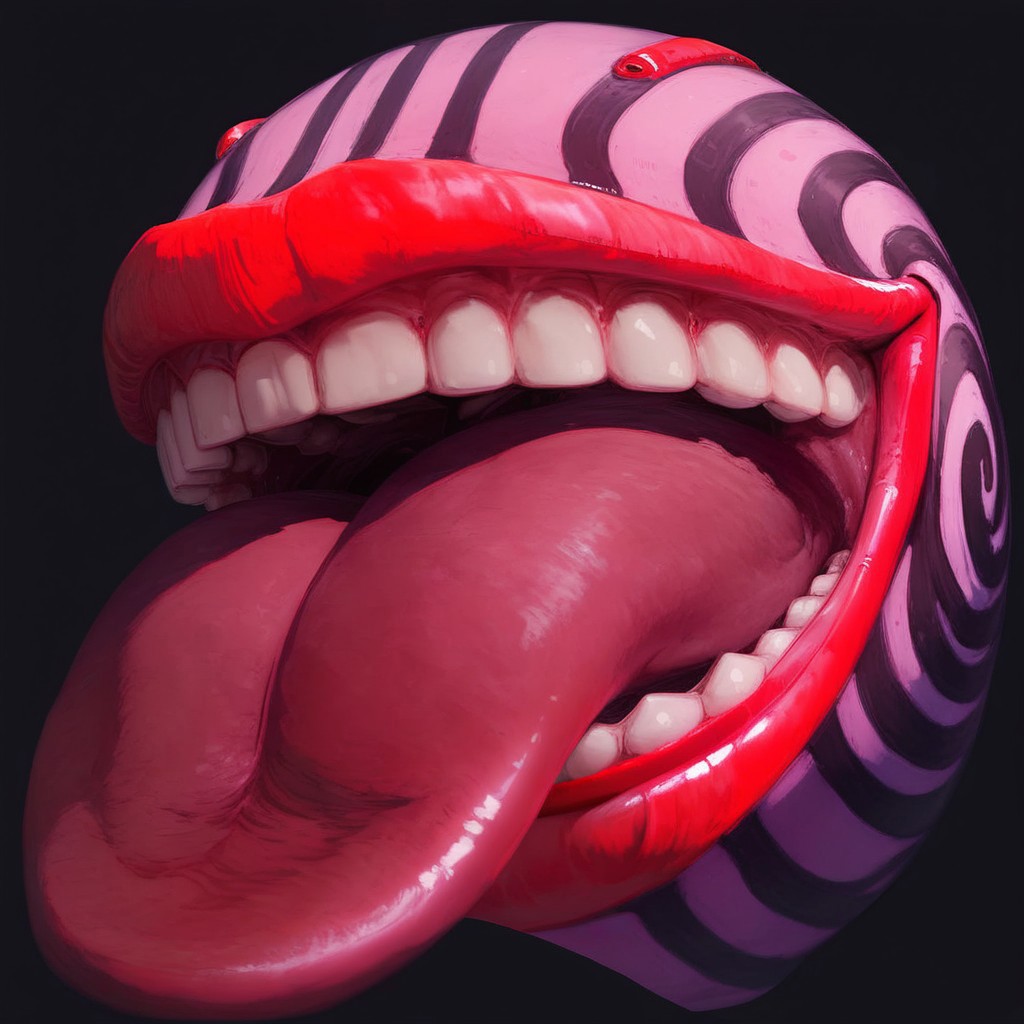 score_9, score_8_up, score_7_up, solo, Expressiveh, (monster, red lips, big mouth, teeth, tongue, long tongue, floating head, eyeless, pink body, black stripes), close-up, black background, simple background, 4k, masterpiece, best quality, highly detailed, realistic