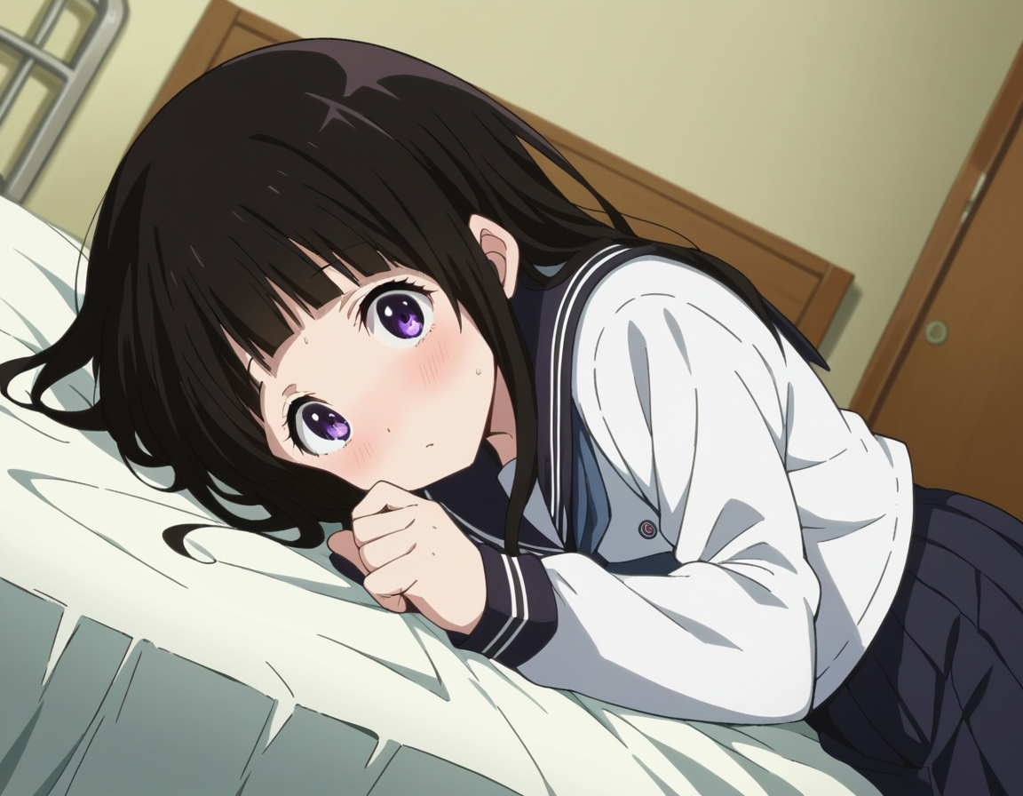 score_9, score_8_up, score_7_up, source_anime,
eruchitanda, <lora:eru-chitanda-s1-ponyxl-lora-nochekaiser:1>,
eru chitanda, long hair, black hair, bangs, blunt bangs, purple eyes, sidelocks,
skirt, school uniform, serafuku, kamiyama high school uniform \(hyouka\), black skirt, long sleeves, black sailor collar,
indoors, bed, bed room, on side, blush, drunk,
looking at viewer, cowboy shot, dutch angle,