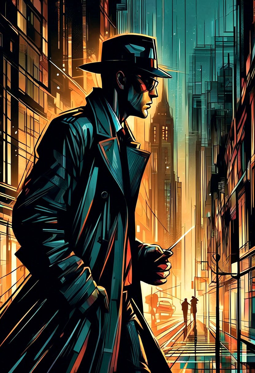 A hard-boiled noir detective in a fedora and trench coat stands under a streetlight on a rainy city street, smoke from a cigarette curling around him. Art Deco buildings, shadows, reflections, extreme close-up, portrait, moody lighting.