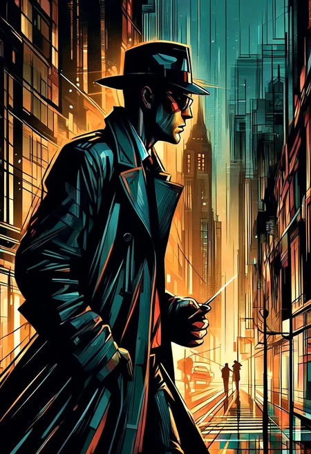 A hard-boiled noir detective in a fedora and trench coat stands under a streetlight on a rainy city street, smoke from a cigarette curling around him. Art Deco buildings, shadows, reflections, extreme close-up, portrait, moody lighting.