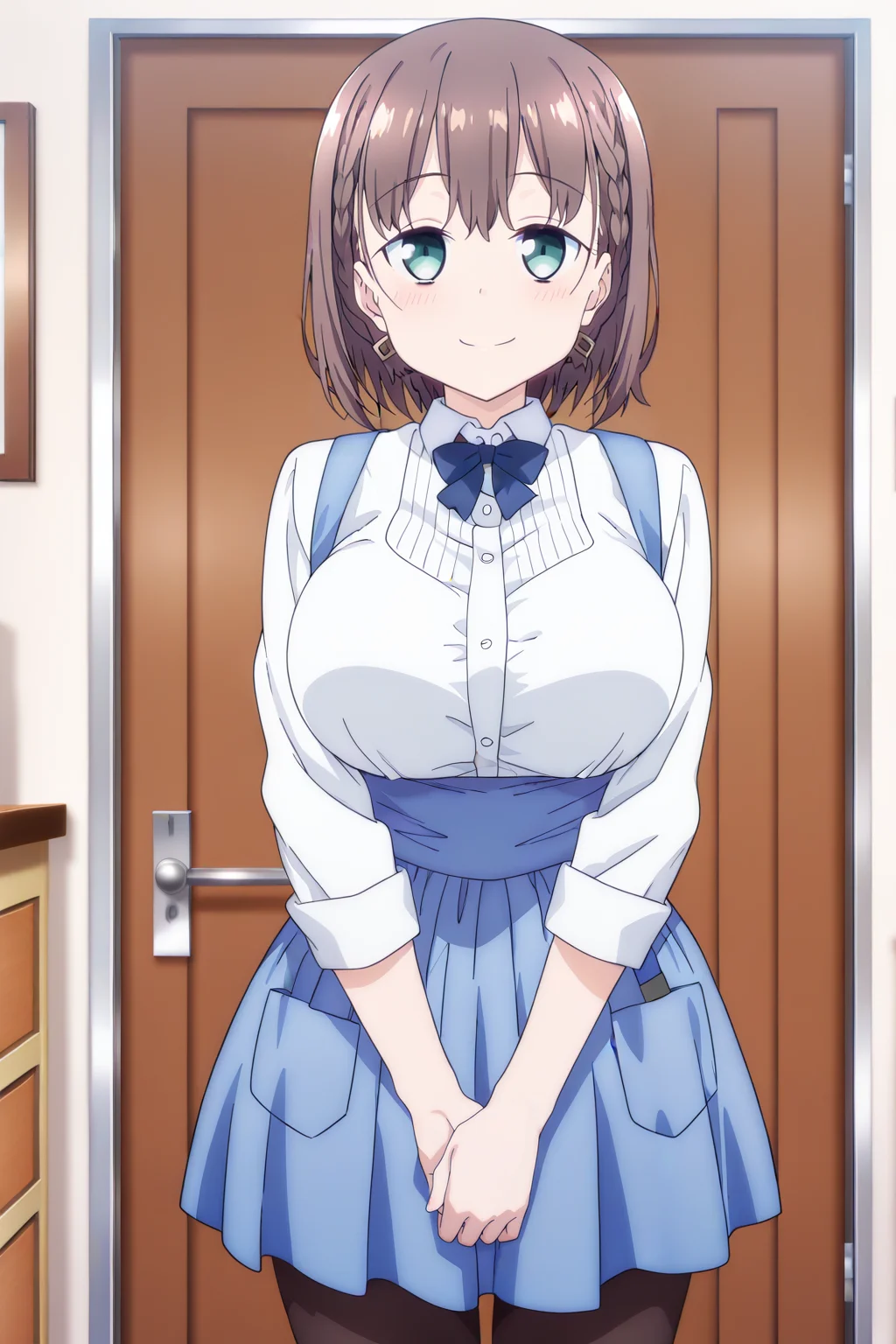 anime screenshot, 1girl, solo, ai-chan (tawawa), brown hair, short hair, braid, hair ornament, aqua eyes, large breasts, white shirt, collared shirt, long sleeves, blue bowtie, blue skirt, pleated skirt, blue apron, black pantyhose, looking at viewer, smile, own hands together, cowboy shot, indoors, masterpiece, best quality, high quality, highres, absurdres, <lora:ai-chan_tawawa-s1_ILXL:0.9>
