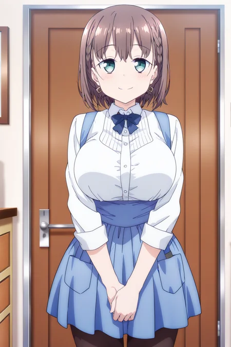 anime screenshot, 1girl, solo, ai-chan (tawawa), brown hair, short hair, braid, hair ornament, aqua eyes, large breasts, white shirt, collared shirt, long sleeves, blue bowtie, blue skirt, pleated skirt, blue apron, black pantyhose, looking at viewer, smile, own hands together, cowboy shot, indoors, masterpiece, best quality, high quality, highres, absurdres, <lora:ai-chan_tawawa-s1_ILXL:0.9>