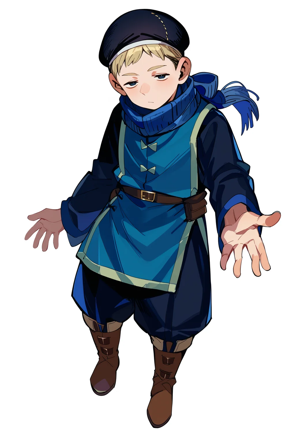 score_9,score_8_up,score_7_up,score_6_up, source_anime,
holm, holm original outfit, solo, looking at viewer, simple background, long sleeves, white background, 1boy, hat, dungeon meshi, full body, male focus, boots, scarf, black headwear, :3, brown footwear, blue tabard, plump, half-closed eyes, black eyes,
masterpiece, best quality, very aesthetic, absurdres
<lora:dungeon_meshi_collection_v23:1>