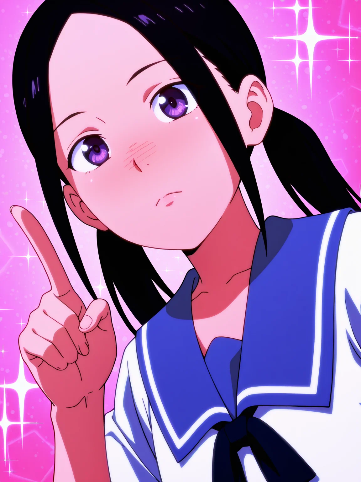 masterpiece, best quality, amazing quality, absurdres, newest, dynamic_angle, defined facial features, anime coloring, anime screencap, pinky background,
<lora:4in1_Chio_Manana_Yuki_Chiharu_ILv0a:0.8> m@nana n0nomura, school uniform, serafuku, black ribbon, upper body, raised finger,