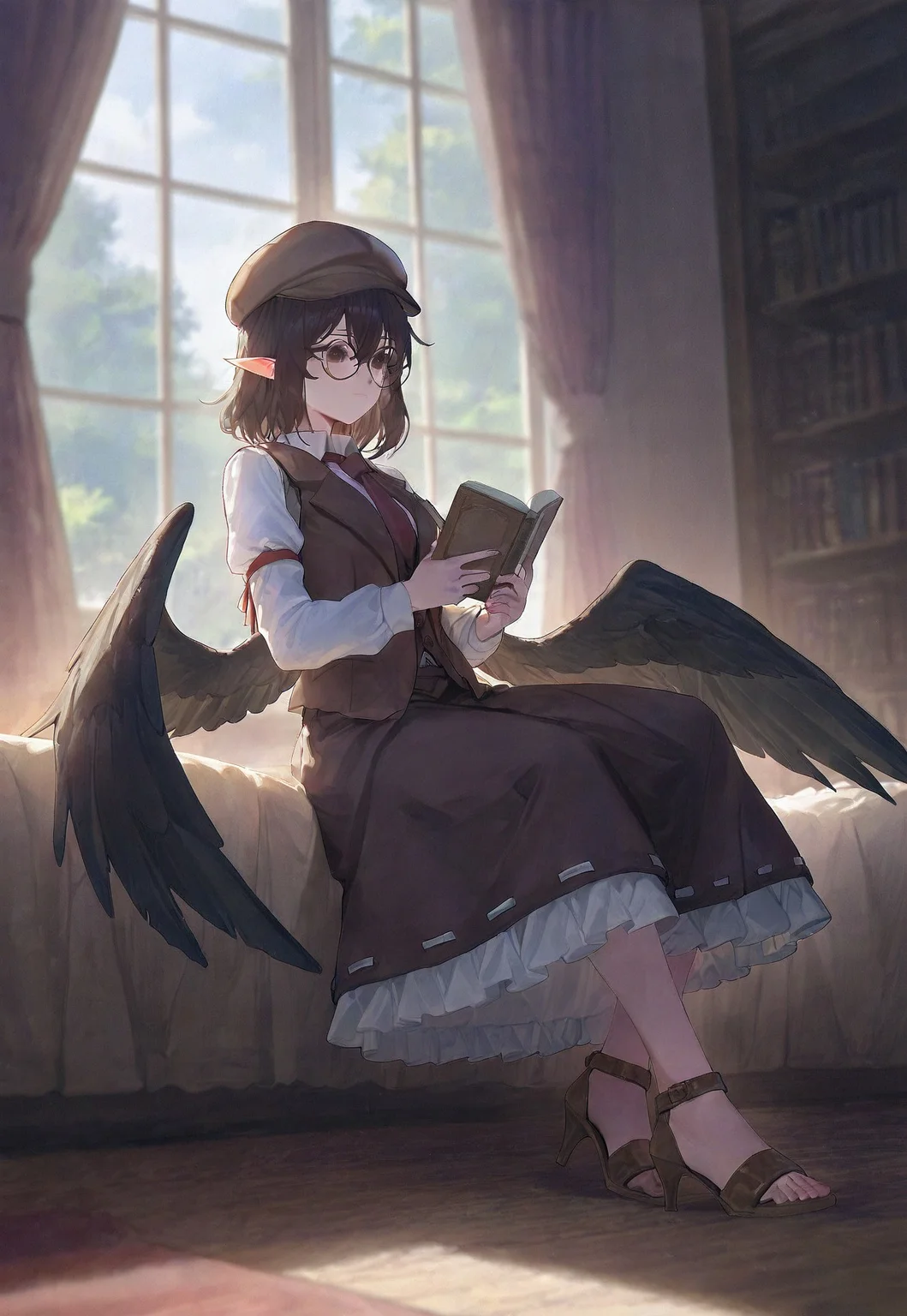 void 0, sushispin, modare , gyoukan \(jfxc\), touhou, shameimaru aya, shameimaru aya \(newsboy\), 1girl, bird wings, book, brown eyes, brown footwear, brown hair, brown hat, brown skirt, brown vest, brown wings, cabbie hat, closed mouth, curtains, feathered wings, flat cap, frilled skirt, frilled vest, frills, full body, glasses, hat, high heels, holding, holding book, indoors, long sleeves, pointy ears, reading, round eyewear, sandals, shirt, skirt, solo, stiletto heels, toes, vest, white shirt, window, wings