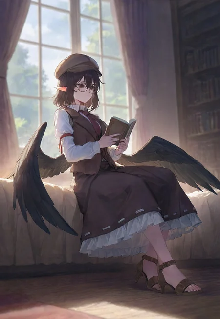 void 0, sushispin, modare , gyoukan \(jfxc\), touhou, shameimaru aya, shameimaru aya \(newsboy\), 1girl, bird wings, book, brown eyes, brown footwear, brown hair, brown hat, brown skirt, brown vest, brown wings, cabbie hat, closed mouth, curtains, feathered wings, flat cap, frilled skirt, frilled vest, frills, full body, glasses, hat, high heels, holding, holding book, indoors, long sleeves, pointy ears, reading, round eyewear, sandals, shirt, skirt, solo, stiletto heels, toes, vest, white shirt, window, wings