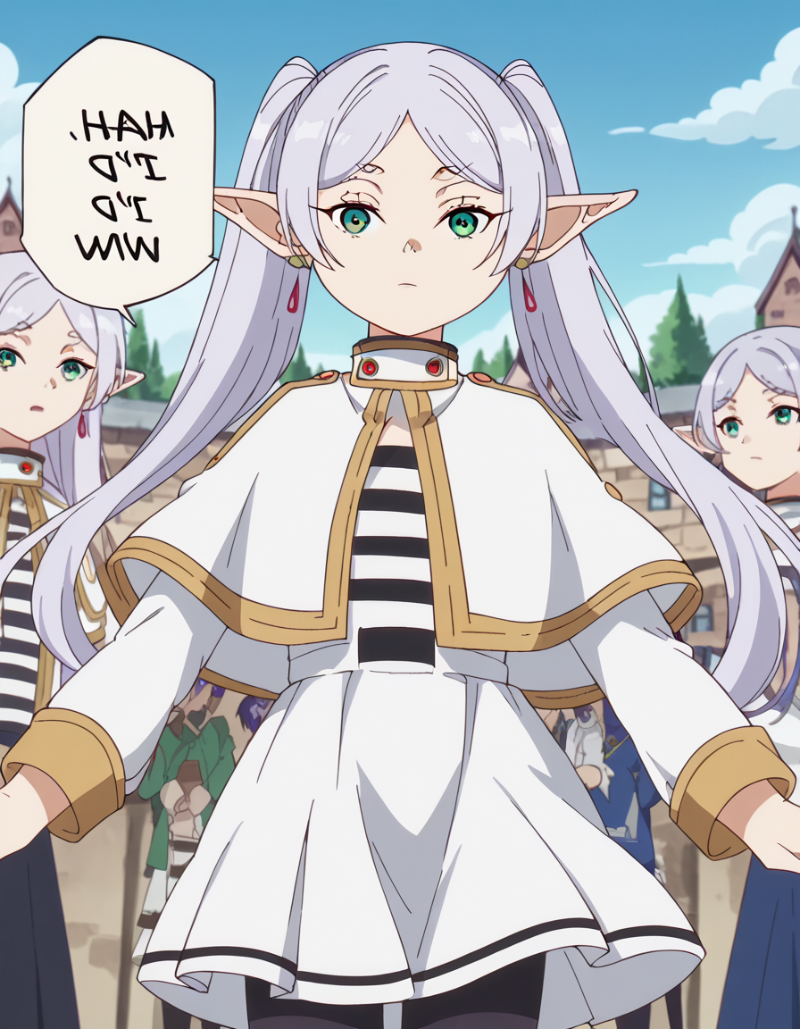 score_9, score_8_up, score_7_up, source_anime, <lora:frieren-s1-ponyxl-lora-nochekaiser:1>, frieren, long hair, twintails, green eyes, grey hair, pointy ears, elf, small breasts, anime screencap, shirt, long sleeves, jewelry, pantyhose, earrings, striped, black pantyhose, capelet, striped shirt, skirt, white skirt,, amusement park, rides, crowds, fun, colorful, , <lora:nah-id-win-ponyxl-lora-nochekaiser:1> nah id win, nah i'd win (meme), english text, speech bubble, meme, talking, straight-on, portrait,, looking at viewer, solo,, dutch angle, cowboy shot