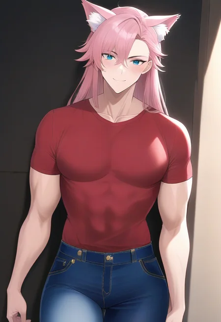 masterpiece, best quality, amazing quality, NAI A1, 5 fingers, 1male, solo, male focus, manly, pink cat ears, pink hair, long hair, red shirt, jeans, blue pants, standing, smile, looking aside, park