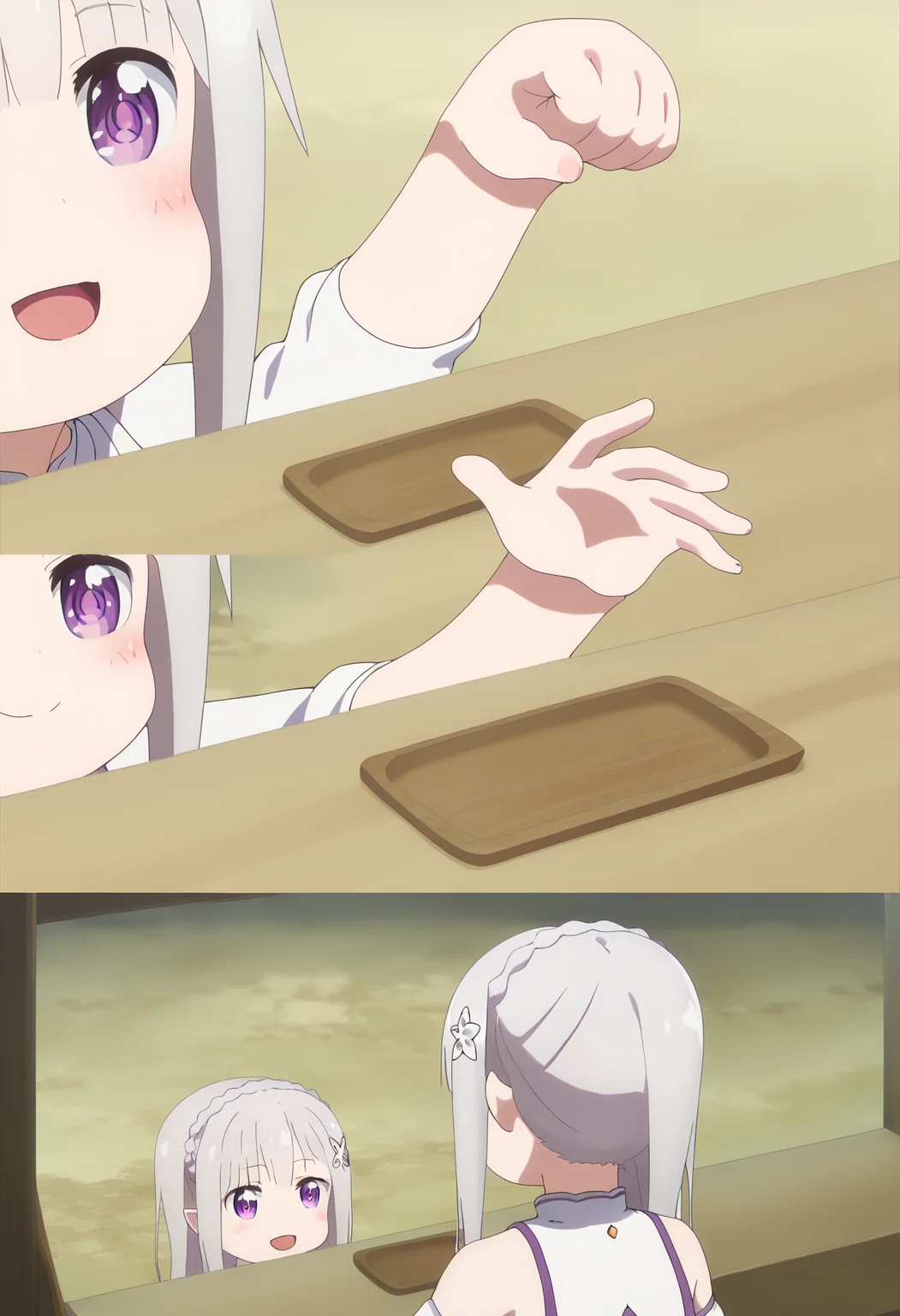 score_9, score_8_up, score_7_up, source_anime,
BREAK
<lora:shiHanaMeme5V1:1>, 
hamefull, blush, smile, open mouth, multiple girls, 2girls, comic, :d, table, parody, bowl, clenched hand, 
anime screencap, anime coloring,
1girl, solo, 
<lora:shiEmiliaV2:1> shimilia, long hair, grey hair, purple eyes, hair flower, purple ribbon, pointy ears, crown braid, 
x hair ornament, white dress, cleavage, bare shoulders,