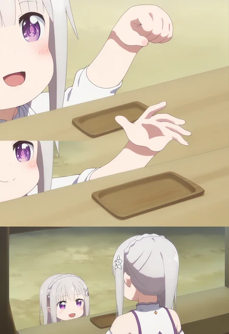 score_9, score_8_up, score_7_up, source_anime,
BREAK
<lora:shiHanaMeme5V1:1>,
hamefull, blush, smile, open mouth, multiple girls, 2girls, comic, :d, table, parody, bowl, clenched hand,
anime screencap, anime coloring,
1girl, solo,
<lora:shiEmiliaV2:1> shimilia, long hair, grey hair, purple eyes, hair flower, purple ribbon, pointy ears, crown braid,
x hair ornament, white dress, cleavage, bare shoulders,